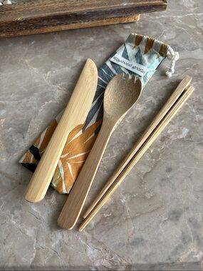 Vagabond Bamboo Travel Utensil Set with Patterned Pouch - Tan & Teal